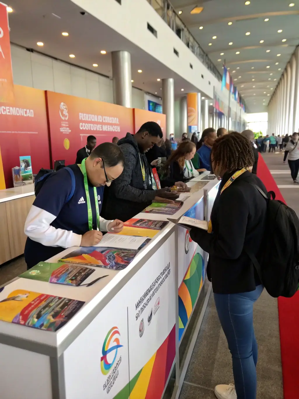 A clear image of the conference registration desk with friendly staff assisting attendees, showcasing a smooth and efficient check-in process.