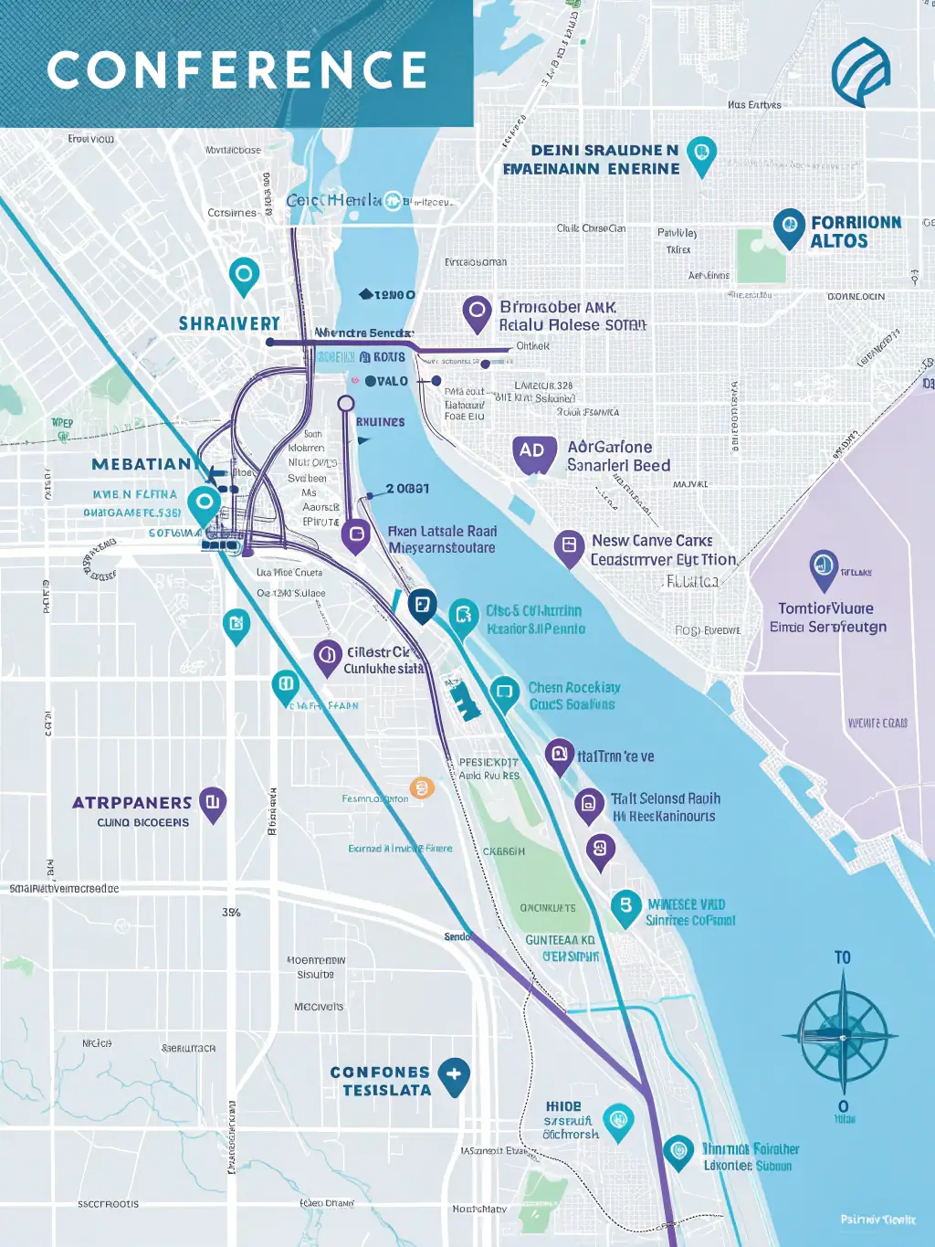 A detailed map of the Whistler Conference Centre, highlighting registration areas, session rooms, catering locations, and emergency exits, ensuring attendees can easily navigate the venue.