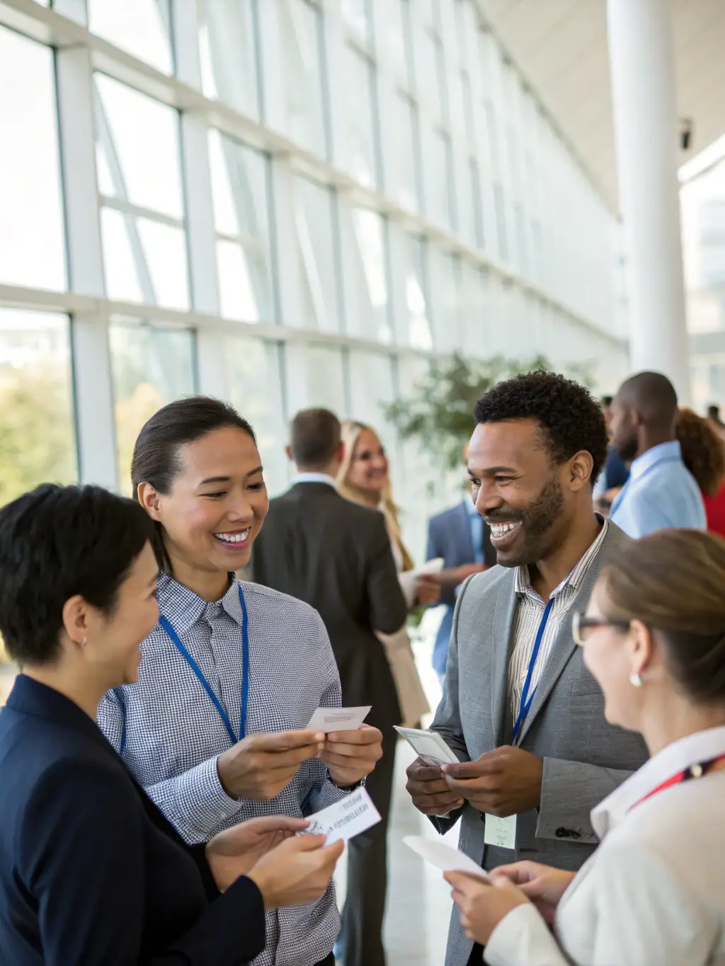 A diverse group of healthcare professionals networking during a coffee break at the Whistler Heme conference, exchanging business cards and engaging in lively conversation.