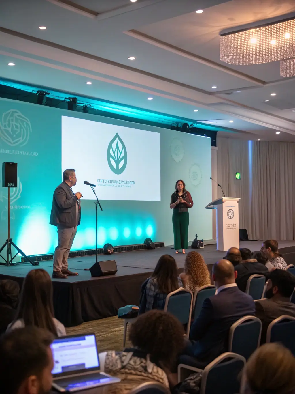 A keynote speaker presenting cutting-edge research and insights on a large screen at the Whistler Heme conference, captivating the audience.